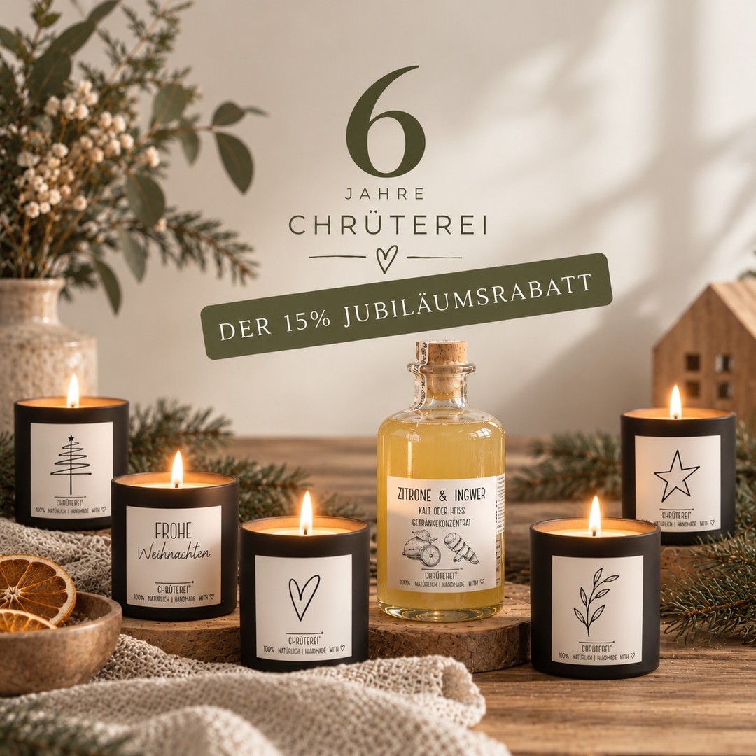 6 Jahre Chrüterei – und ihr feiert mit!
Wir sagen Danke 💚
Sechs Jahre voller Handarbeit, Kräuterduft und liebevoller Momente – das feiern wir mit euch!
Als kleines Dankeschön erhaltet ihr
15 % Jubiläumsrabatt auf alle Produkte im Chrüterei Onlineshop:
Nur für kurze Zeit – von 27. Oktober bis 9. November
(Ausgenommen sind Wiederverkäufer.)
Mit folgendem Code: 6Jahre
Danke, dass ihr die Chrüterei zu dem macht, was sie heute ist. Auf viele weitere duftende Jahre mit euch! 💛
Folgt uns, teilt und erwähnt jemanden bei diesem Post und nehmt damit automatisch beim grossen Chrüterei Jubiläumsgewinnspiel teil und gewinnt einen von zwei Adventskränzen, eines von 2 Weihnachten Geschenksets und vieles mehr.
#6JahreChrüterei #Jubiläum #Rabatt #Chrüterei #Danke